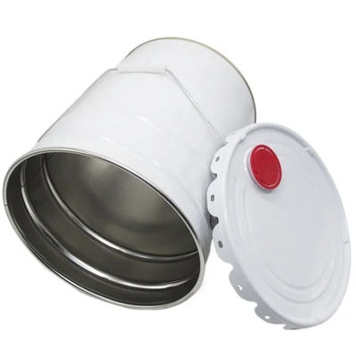 Balde de tinta de metal branco de 5 galões com tampas de plástico vermelho