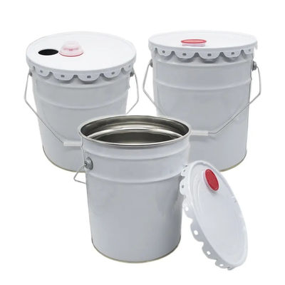 Balde de tinta de metal branco de 5 galões com tampas de plástico vermelho